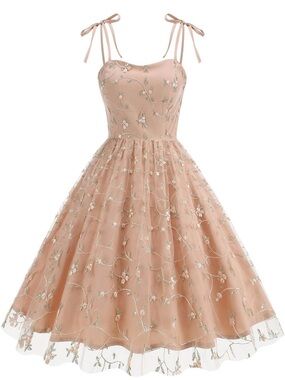 Pink Floral Embroidered Tulle Dress with Tie Straps